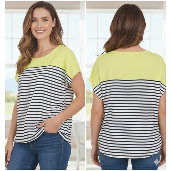 Chicos Womens XL Nautical Preppy Coastal Colorblock Striped Dolman Sleeve Top - Picture 2 of 10